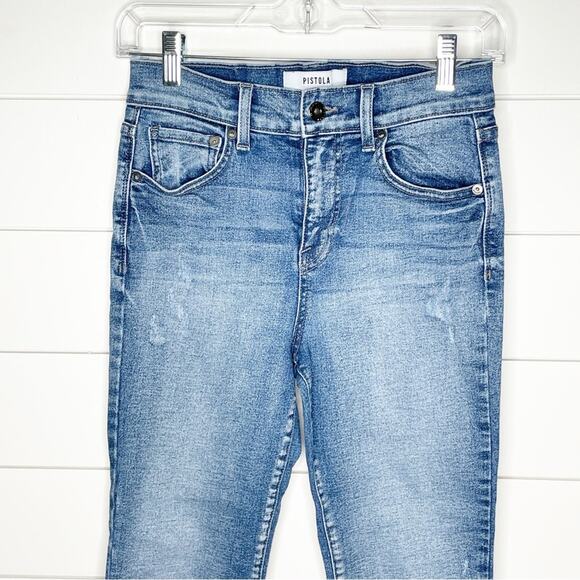 Pistola High Rise Distressed Raw Hem Stretch Skinny Jeans Medium Wash Size 25 - Picture 2 of 10